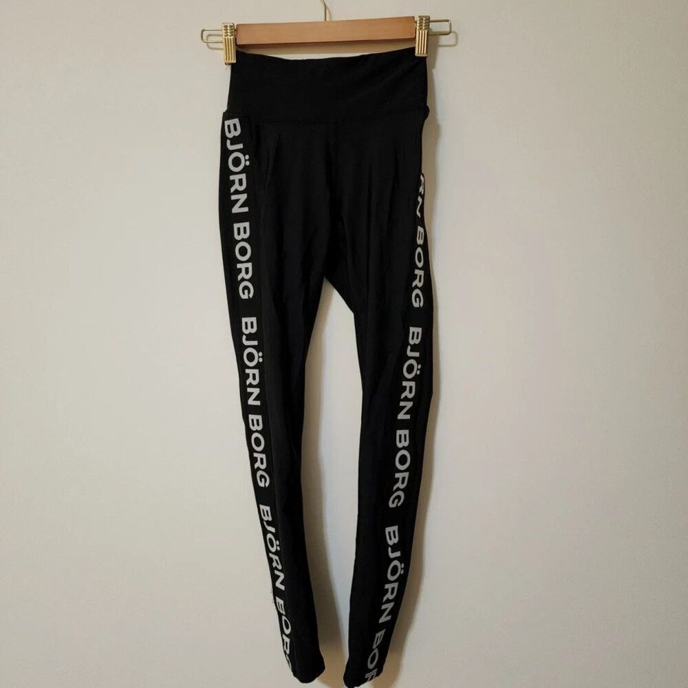 Bjorn Borg Hydro Pro Tights Womens Size 6 Black White Logo Nylon Spandex EUC - Picture 2 of 9
